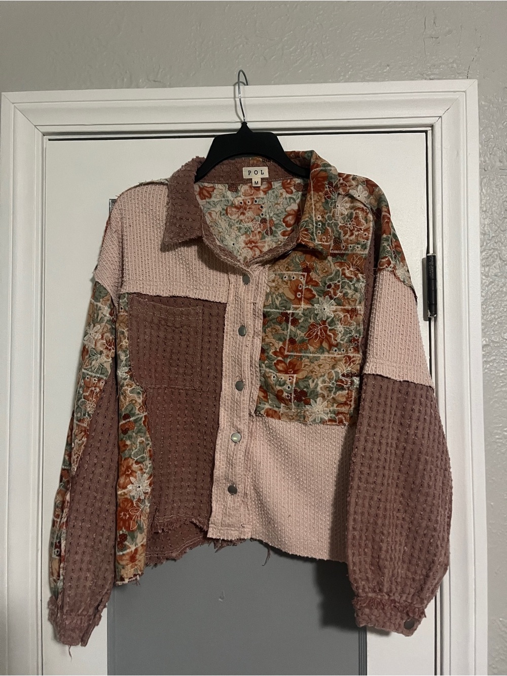 POL Floral Patchwork Waffle Knit Cropped Shacket - Pink